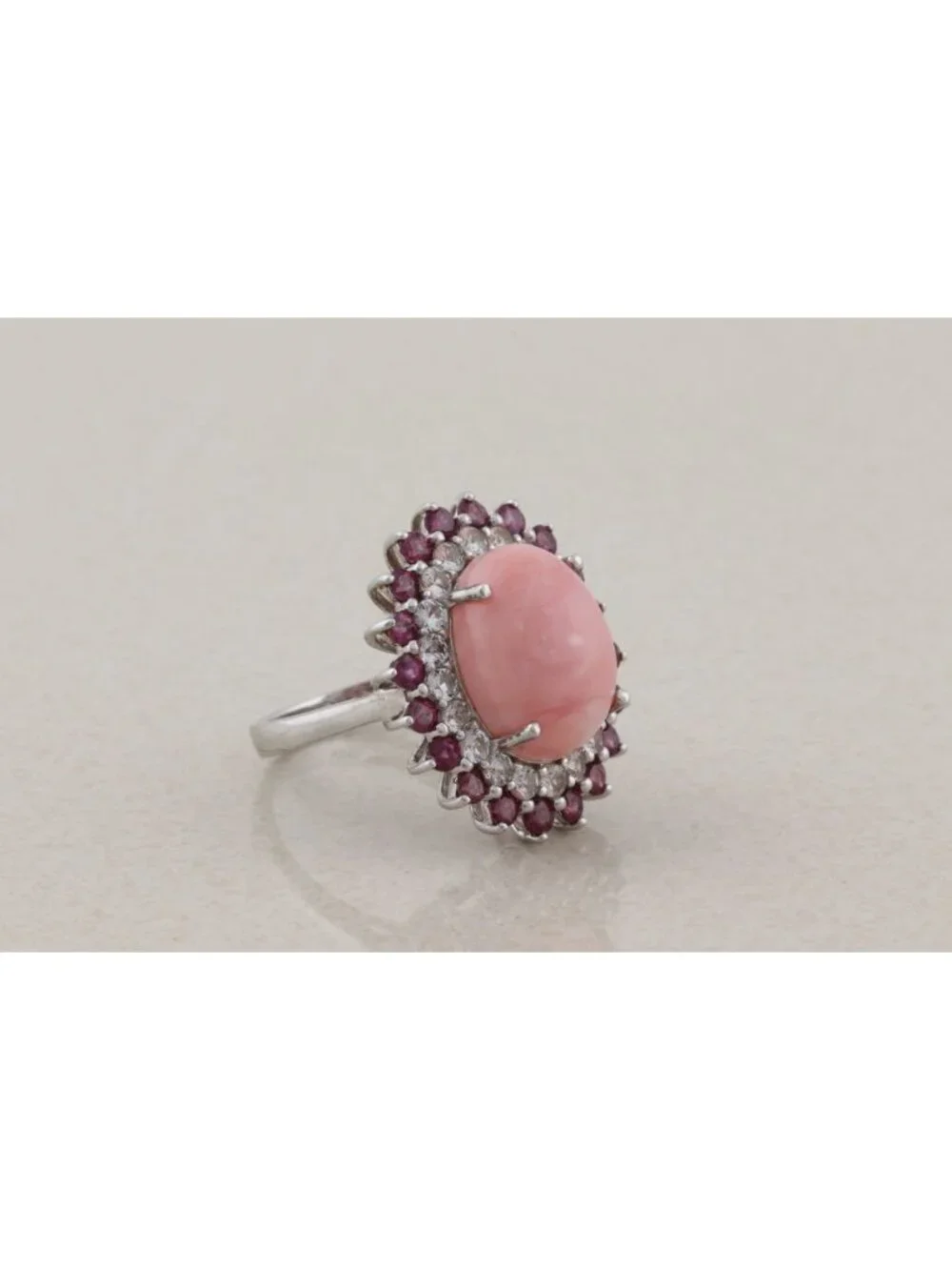 Sterling Silver Pink Opal, White Zircon, & Pink Tourmaline Ring Size 9 1/4